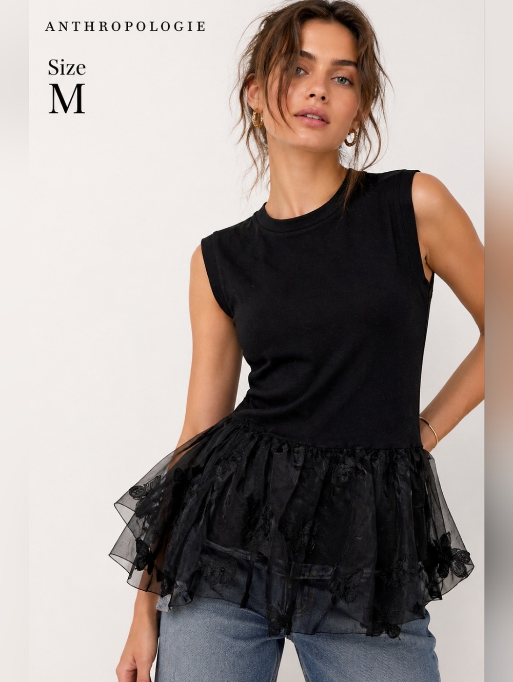 Anthropologie Black Peplum Tulle Top Butterfly Detail Silk Blend Size M NWT